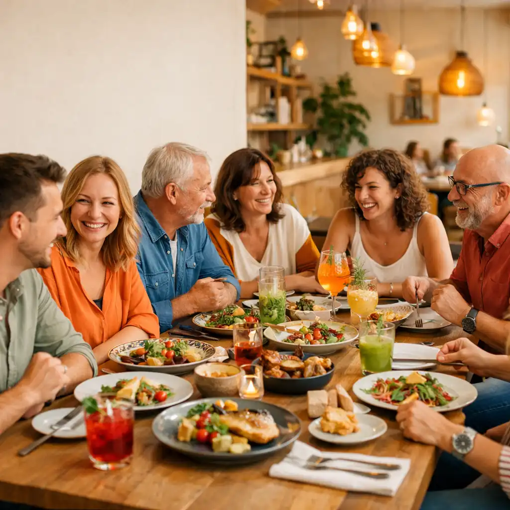 Baráti társaság közös asztalnál, szezonális ételekkel és kreatív italokkal a Fresh Plate világos éttermében