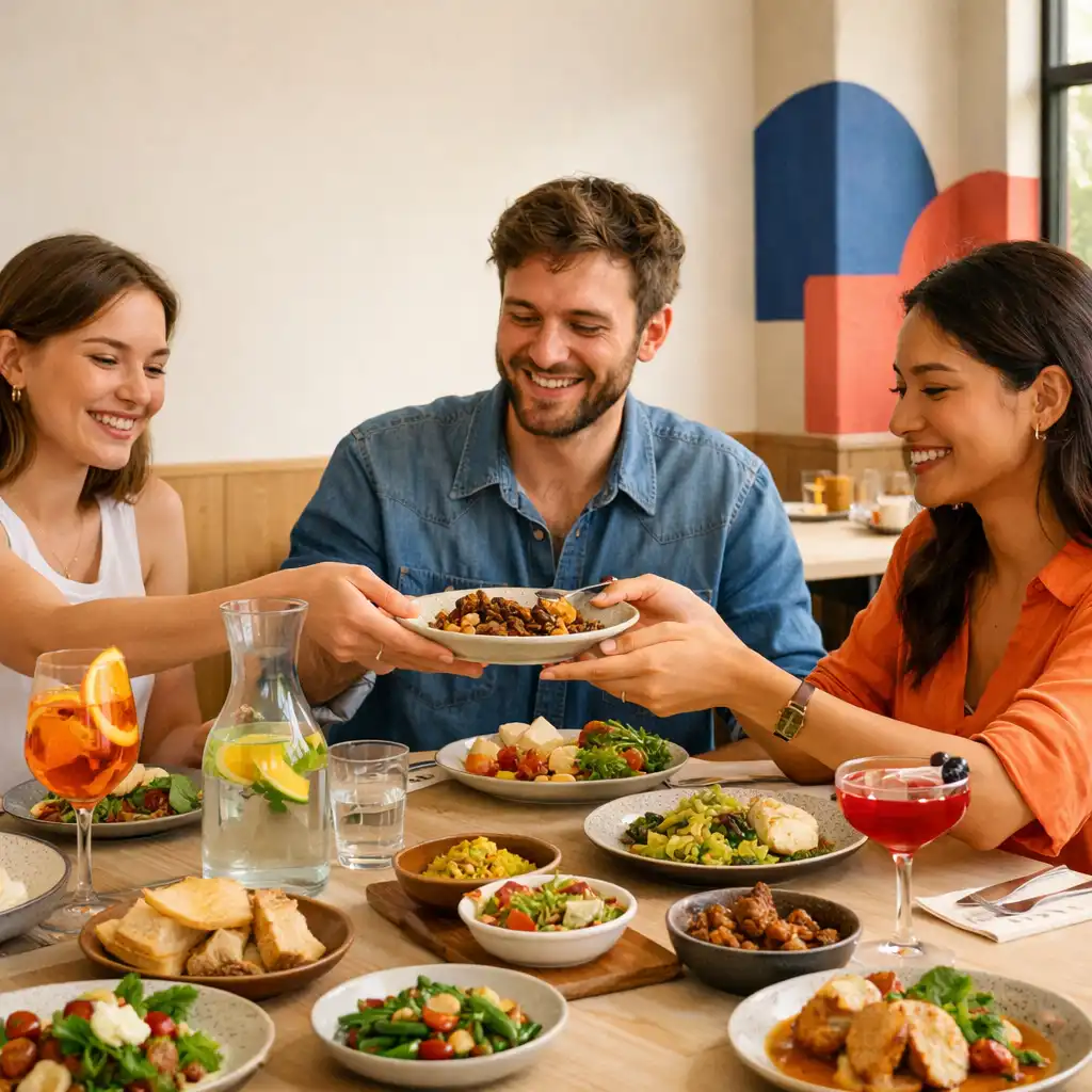 Barátok szezonális fogásokat és színes italokat osztanak meg egy világos Fresh Plate asztalnál